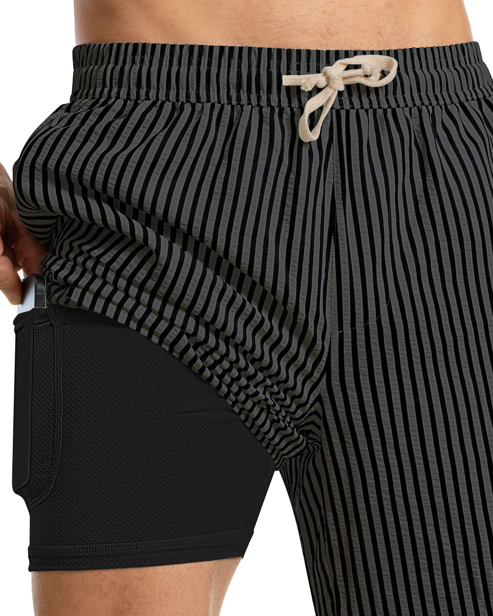 7 Inch Men Stripe Swim Trunks(DK Black Black)
