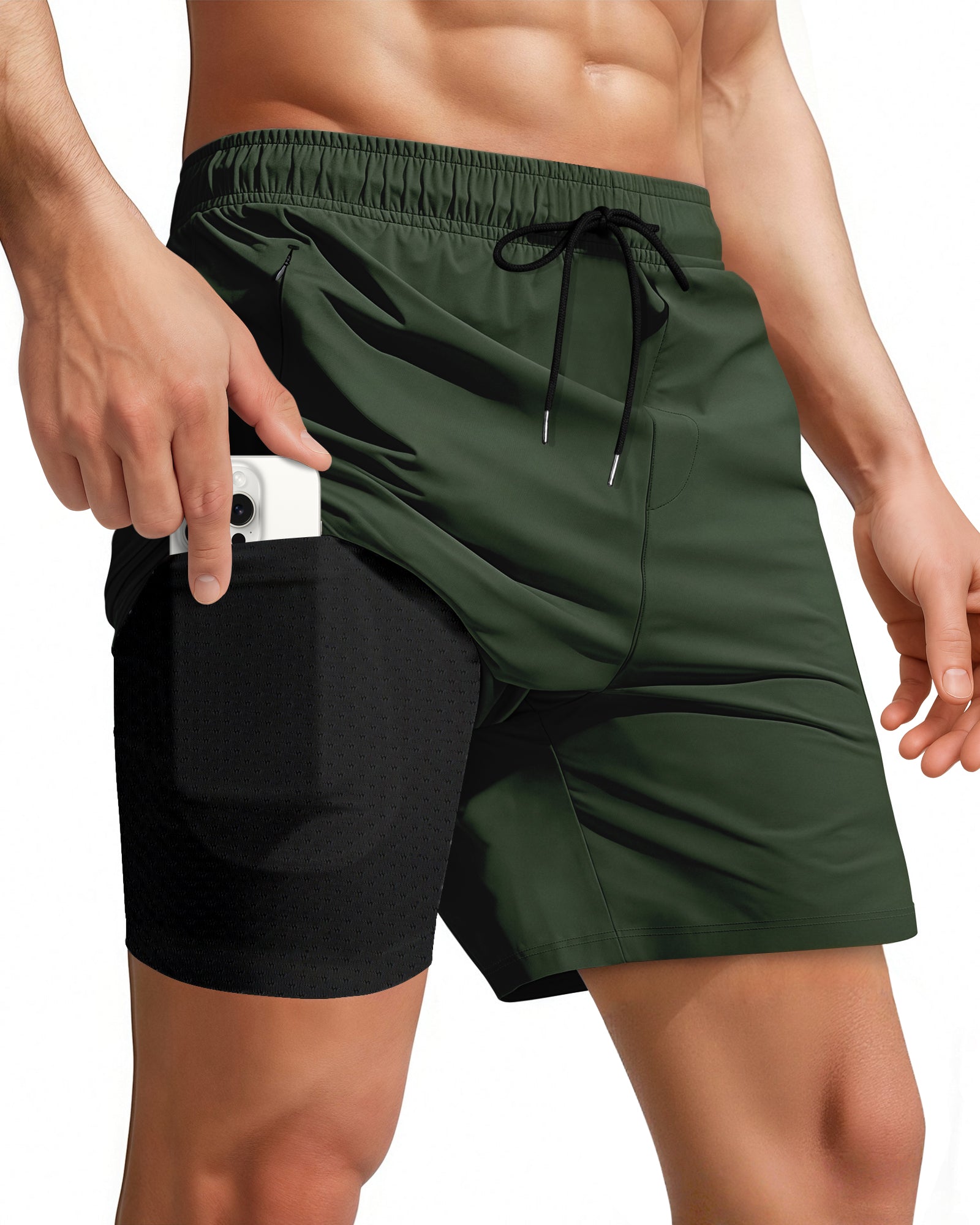 7 Inch Men Swim Trunks (Army Green Black)