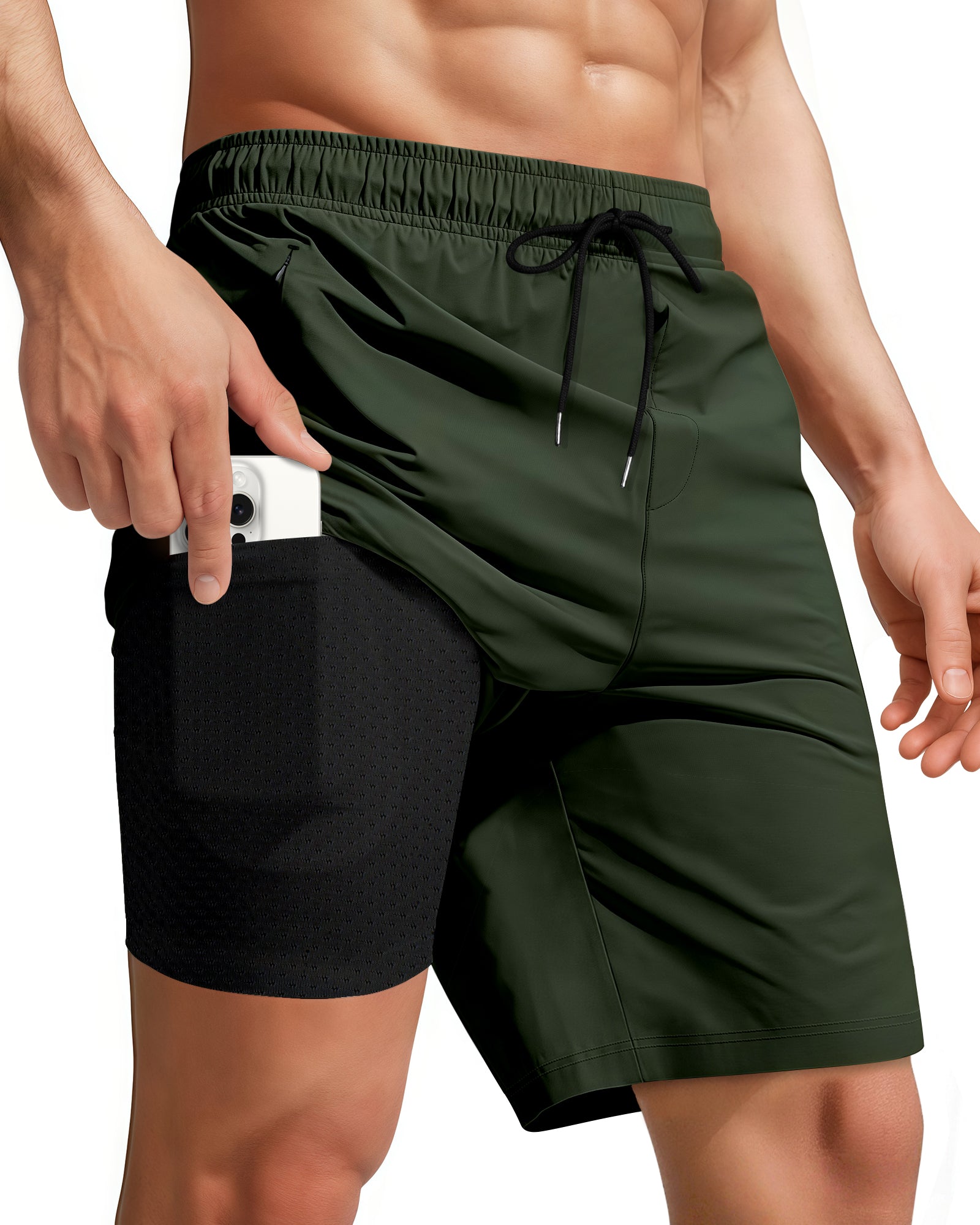 9 Inch Men Swim Trunks(Army Green Black)