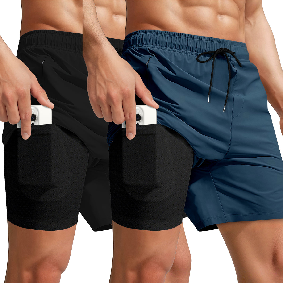 2 Packs 7 Inch Men Swim Trunks(Dk Blue Black + Black Black)