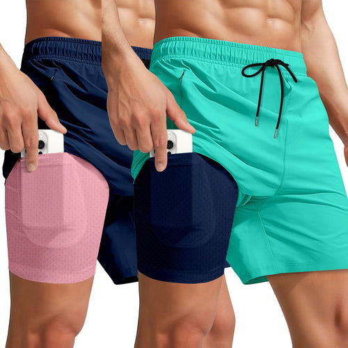2 Packs 7 Inch Men Swim Trunks(Aqua Navy + Navy Pink)