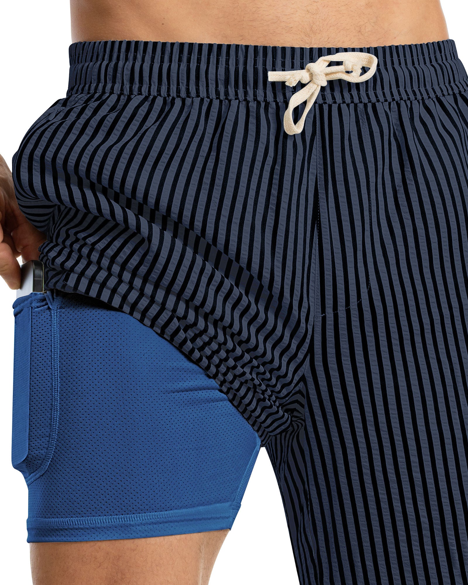 7 Inch Men Stripe Swim Trunks(DK Blue DK Blue)