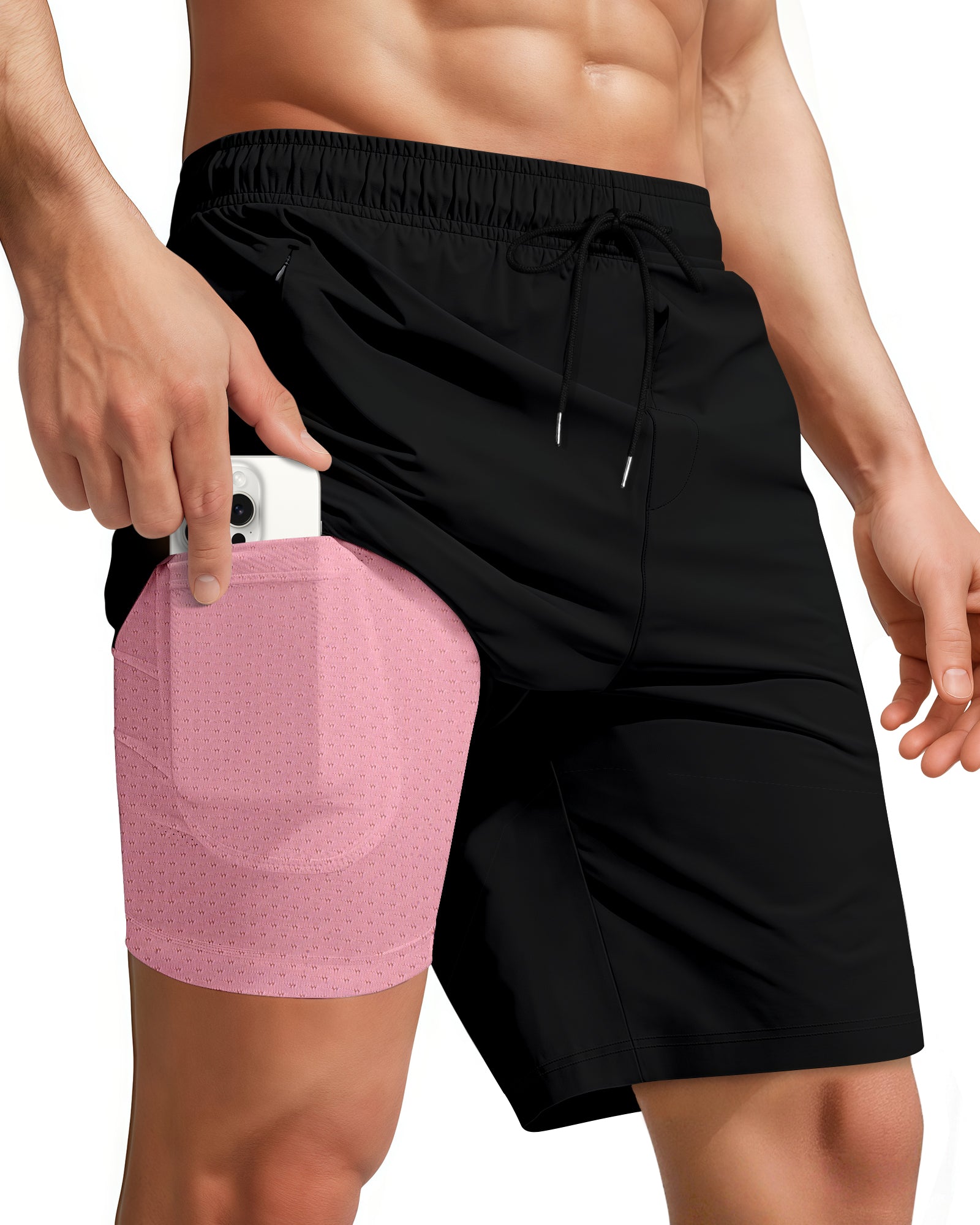 9 Inch Men Swim Trunks(Black Pink)