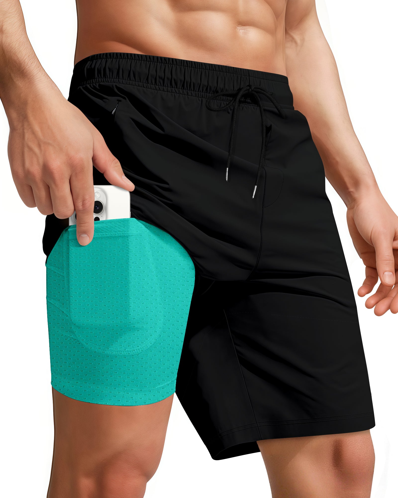 9 Inch Men Swim Trunks(Black Aqua)