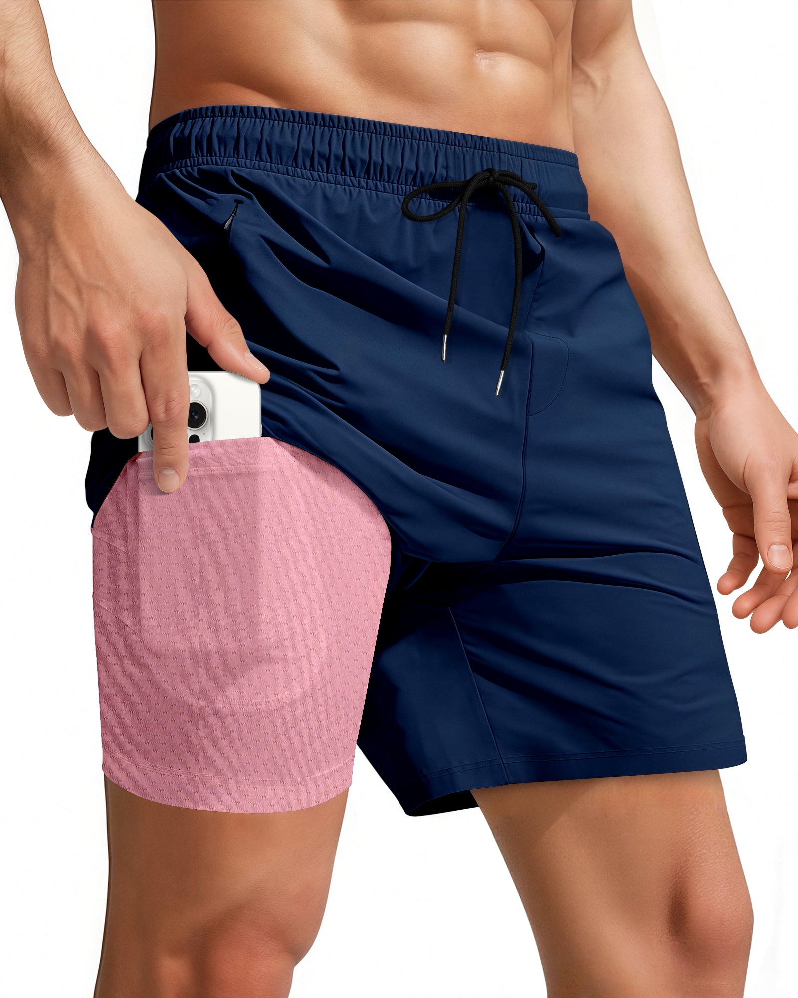 7 Inch Men Swim Trunks (Navy Pink)