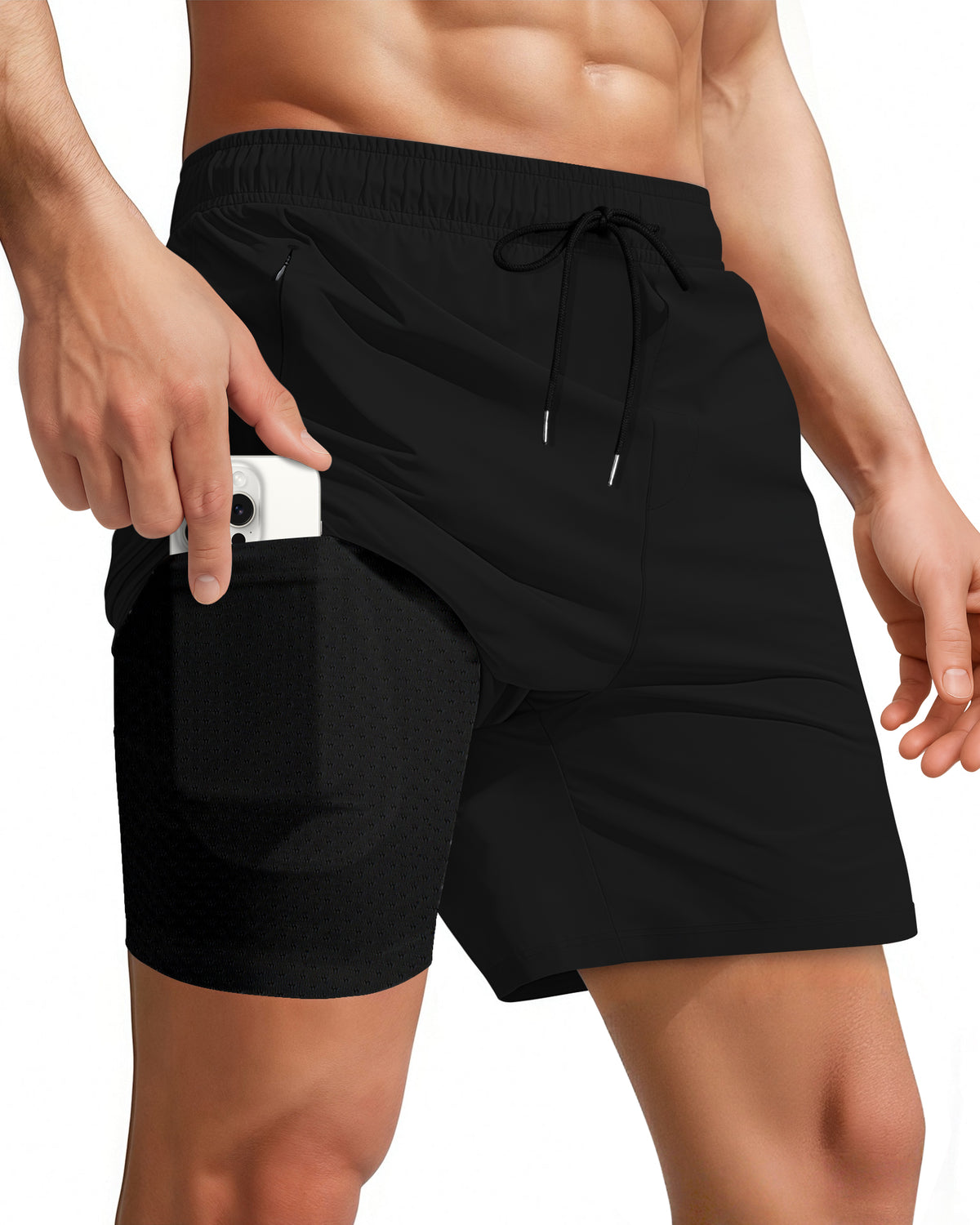 7 Inch Men Swim Trunks (Black Black)