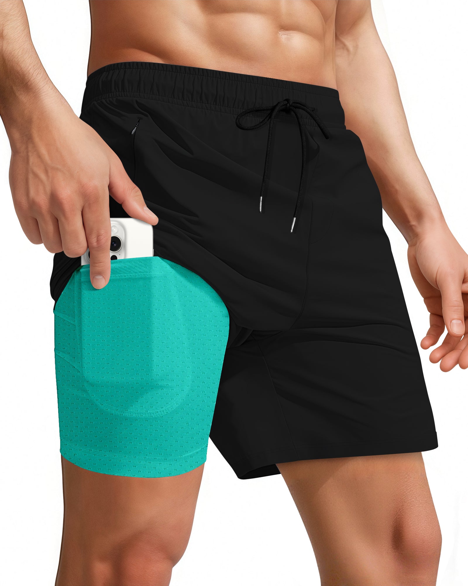 7 Inch Men Swim Trunks (Black Aqua)
