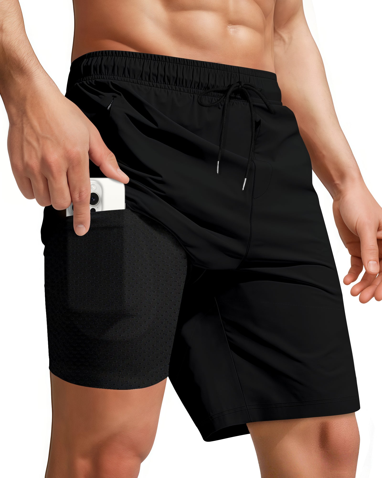 9 Inch Men Swim Trunks(Black Black)